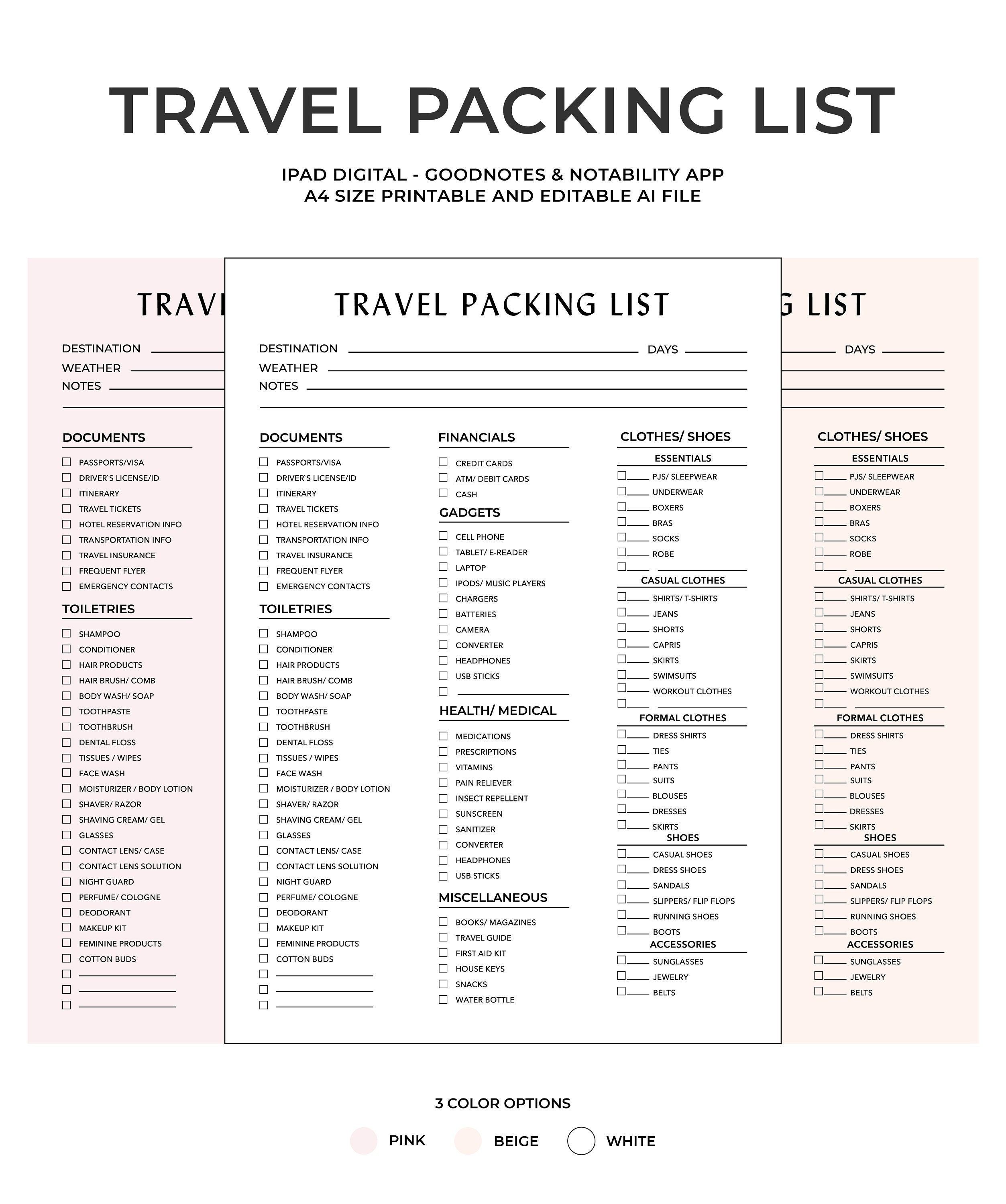 25 Free Travel Packing List Printable Vacation Checklist