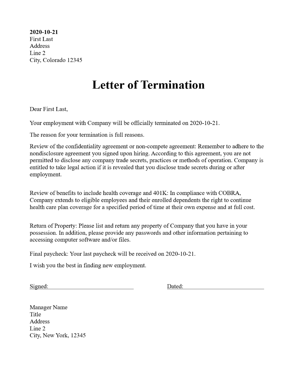 35 Perfect Termination Letter Samples Lease Employee Contract