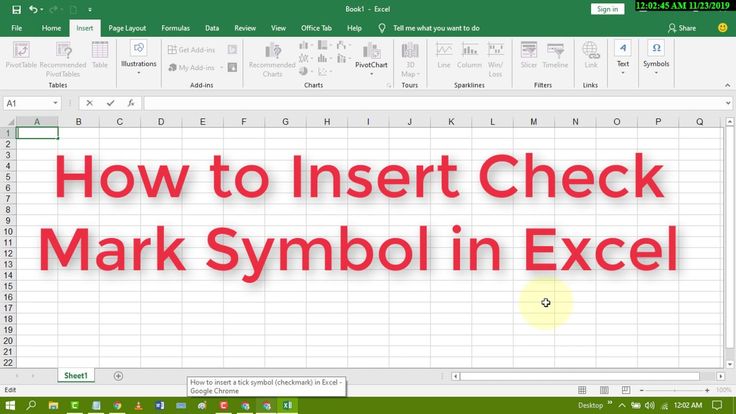 A Green And White Sign That Says Insert Check Mark Symbol In Excel With