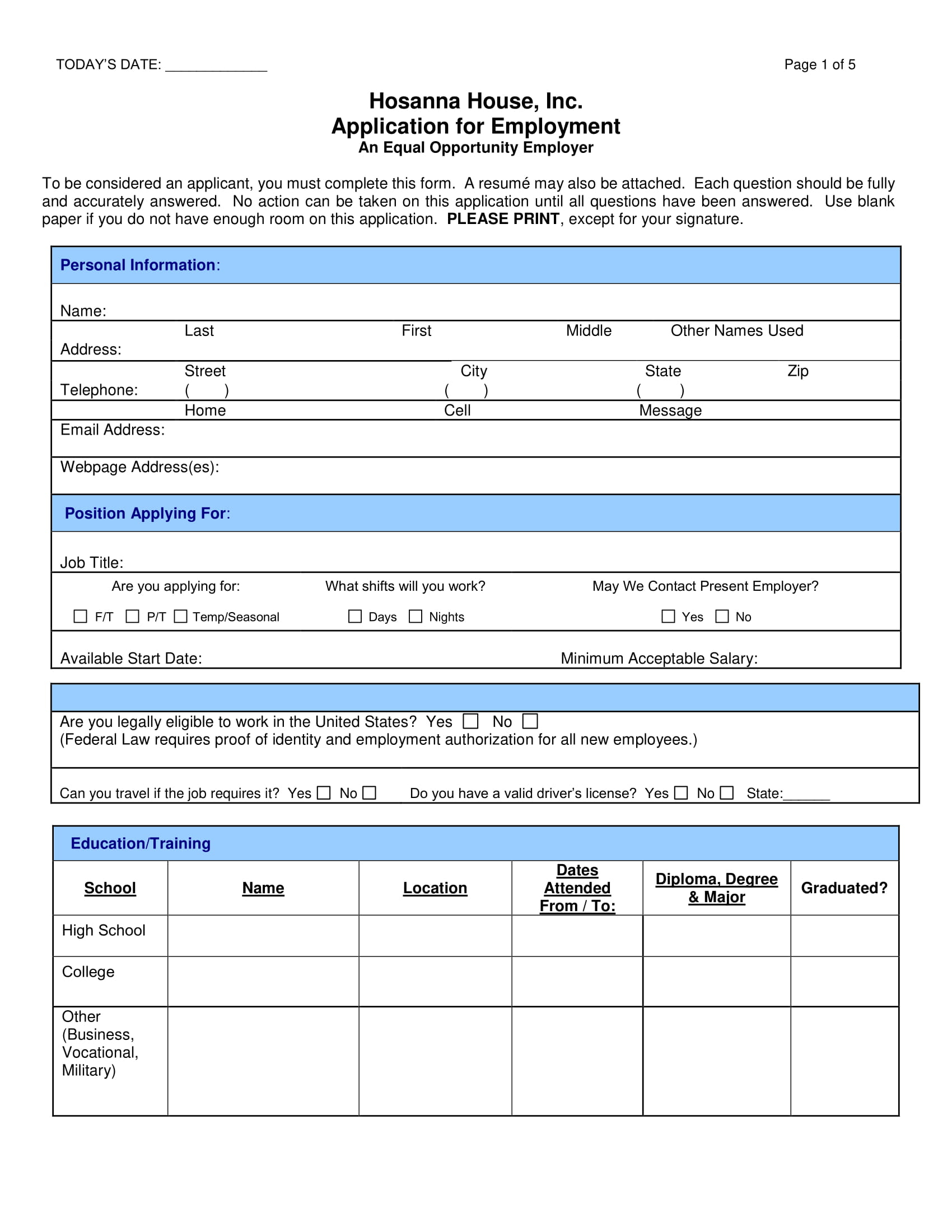 Applications For Employment Forms Employment Form