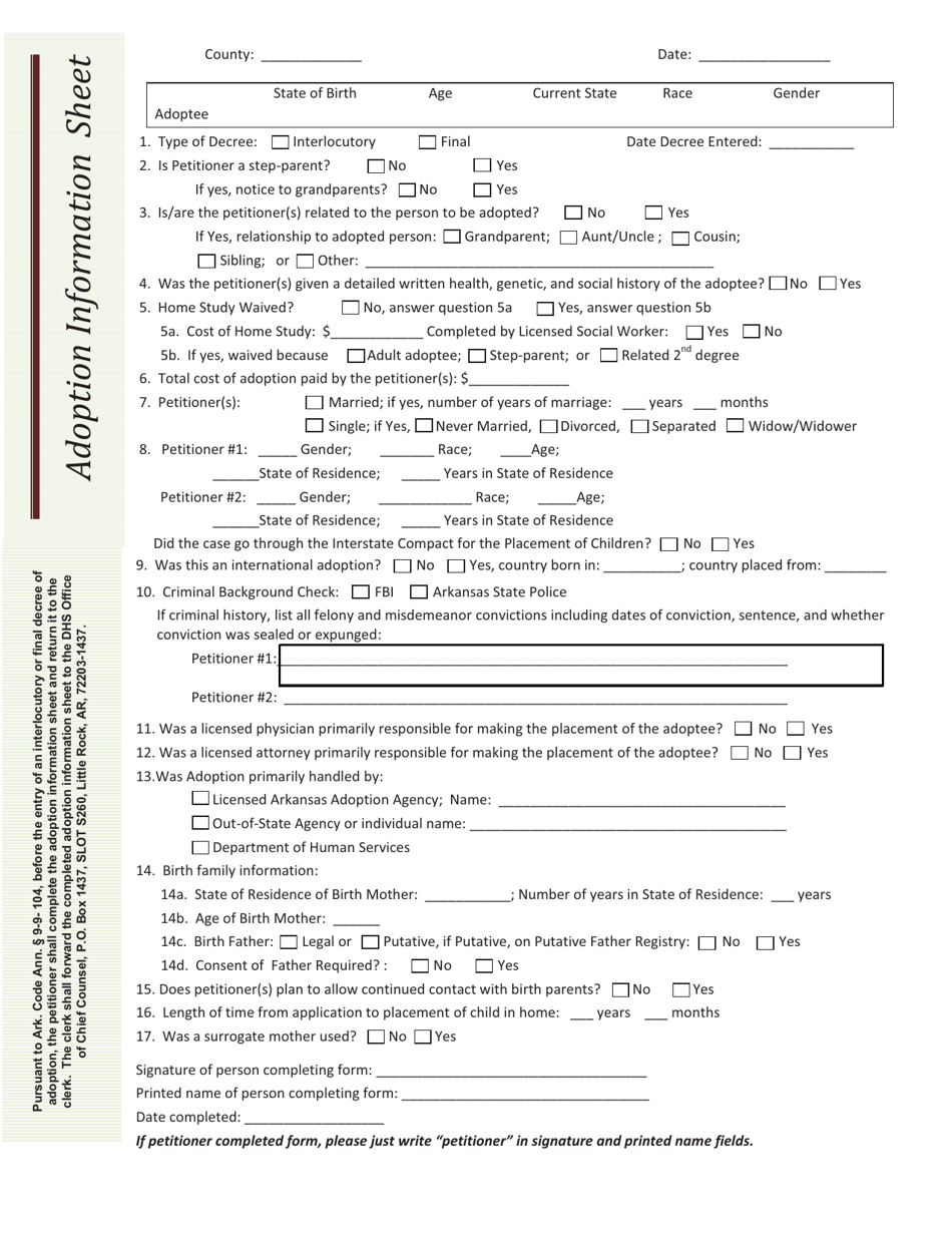 Arkansas Adoption Information Sheet Fill Out Sign Online And