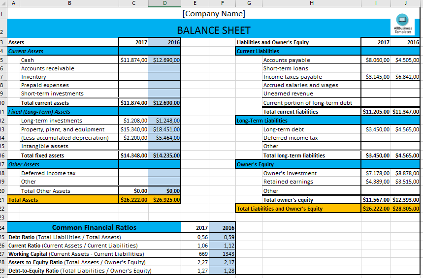 Business Balance Sheet Template Excel