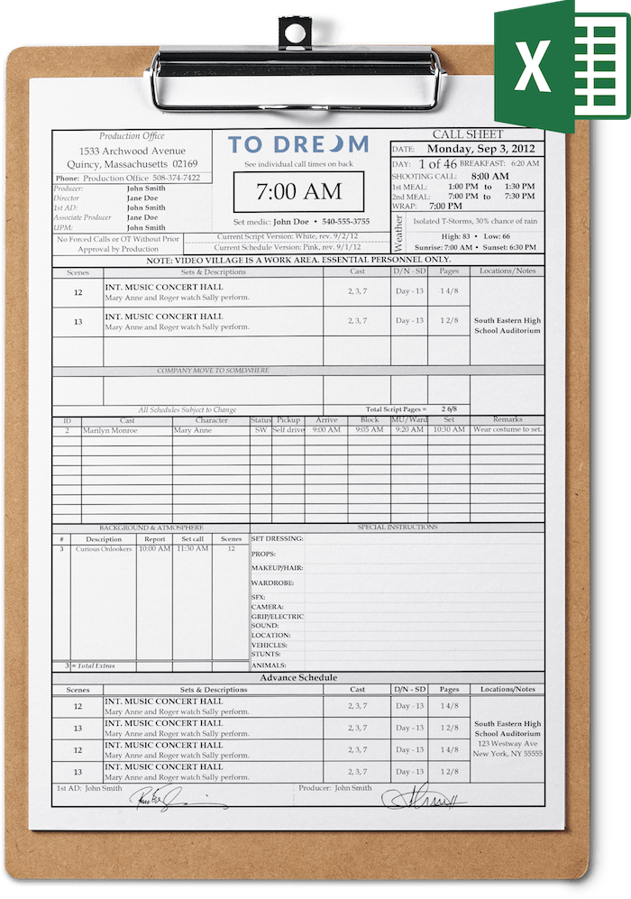 Call Sheet Template Excel