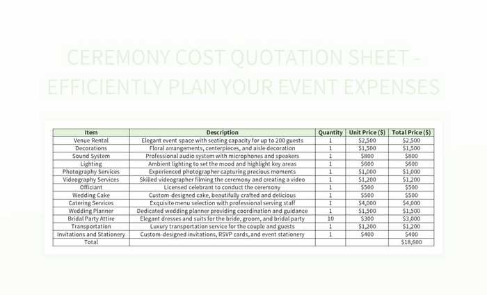 Ceremony Cost Quotation Sheet Efficiently Plan Your Event Expenses Excel Template And Google