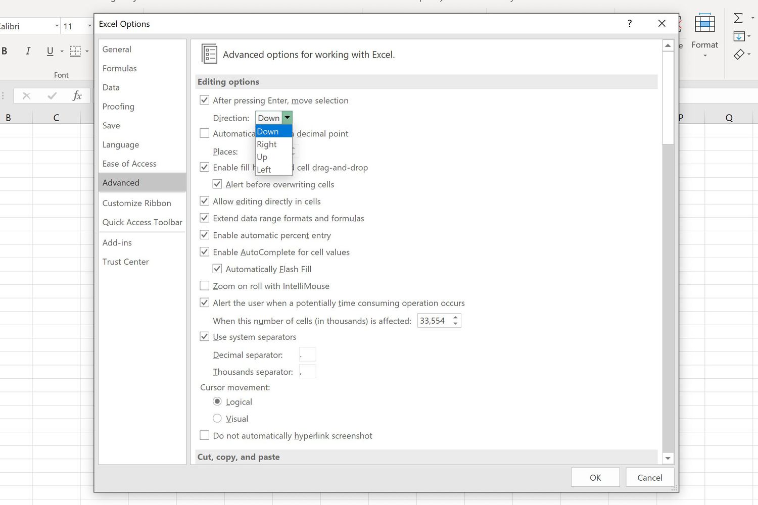 Change The Cursor Movement Direction In Excel