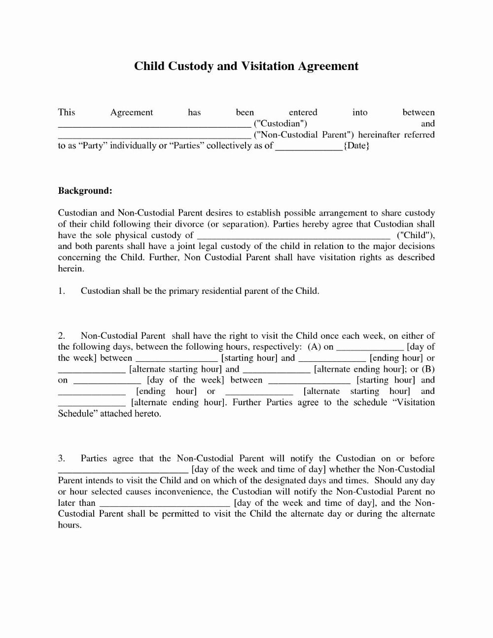 Child Custody And Visitation Agreement Template In Google Docs Word