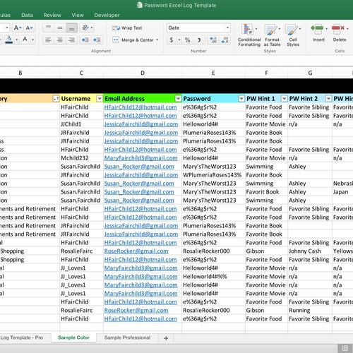 Colorful Password Log Excel Template Instant Digital Download Etsy