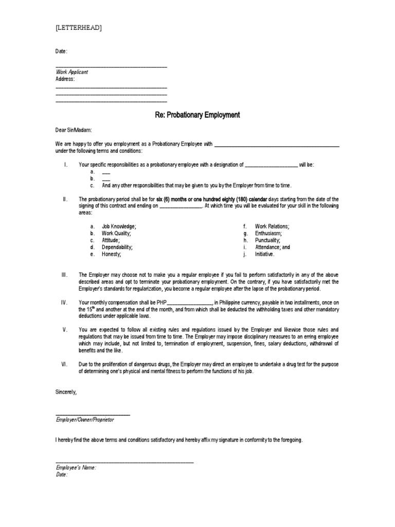 Contract Of Probationary Employment Contract Rental Agreement