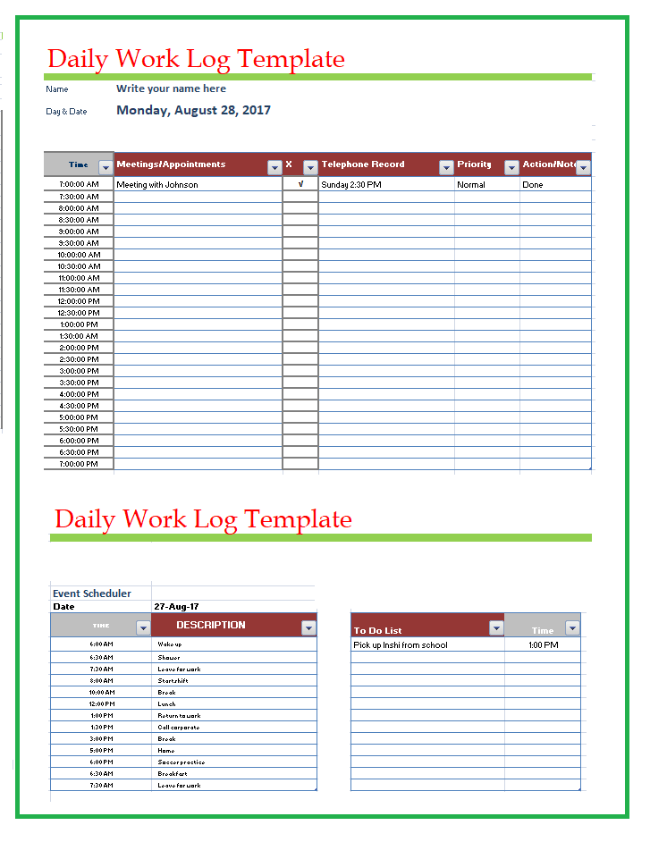 Daily Work Log Excel Template