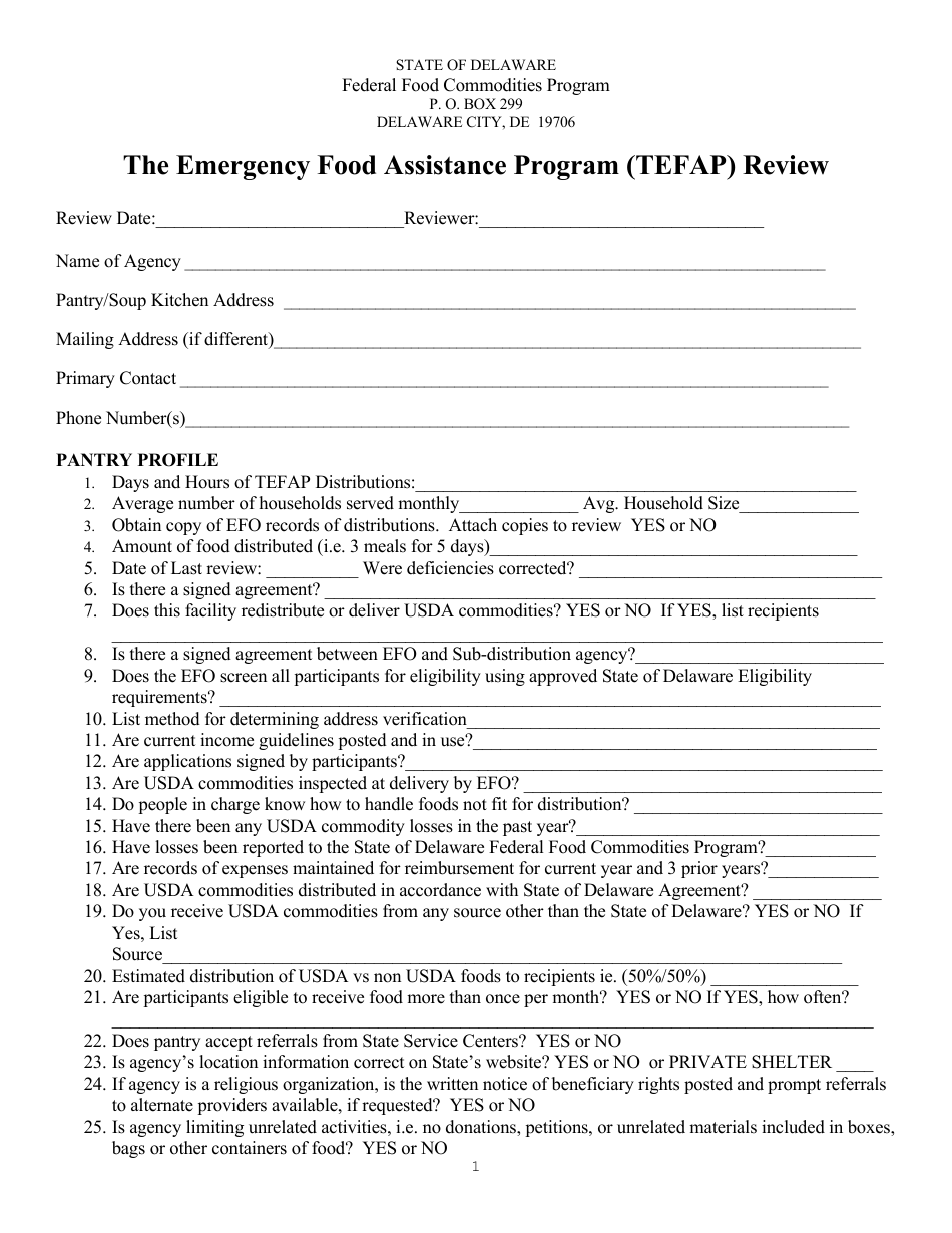 Delaware The Emergency Food Assistance Program Tefap Review Download