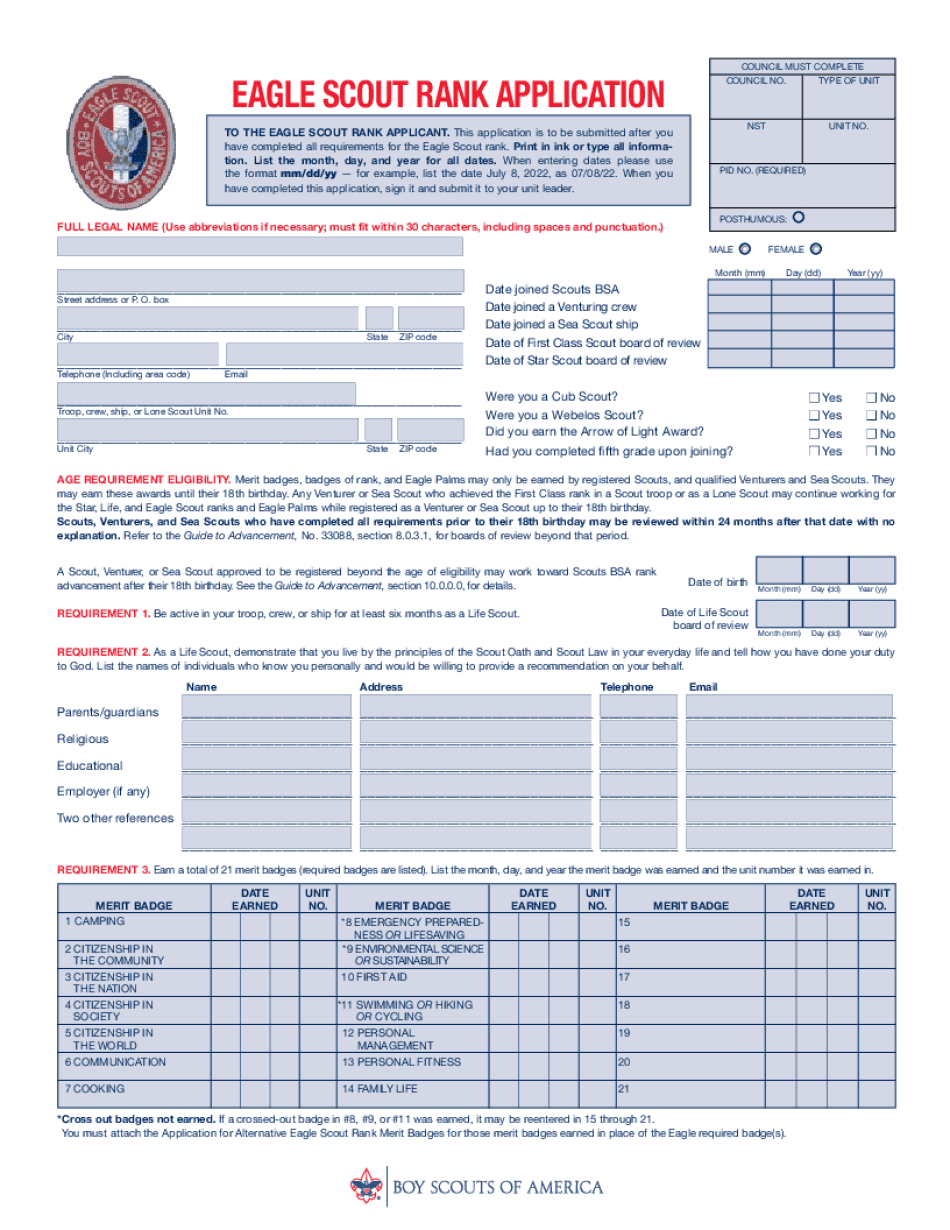 Eagle Scout Paperwork Pdf Eagle Scout Rank Application For Council