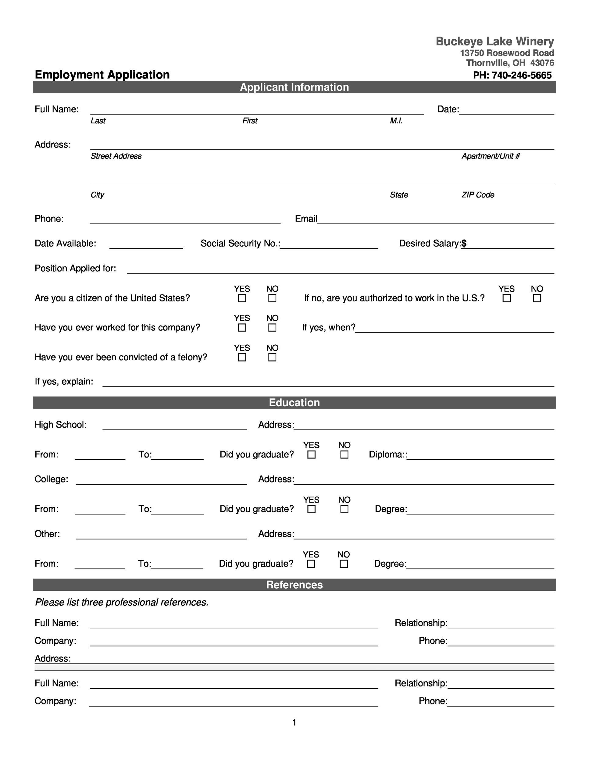 Employment Application Forms Free Printable