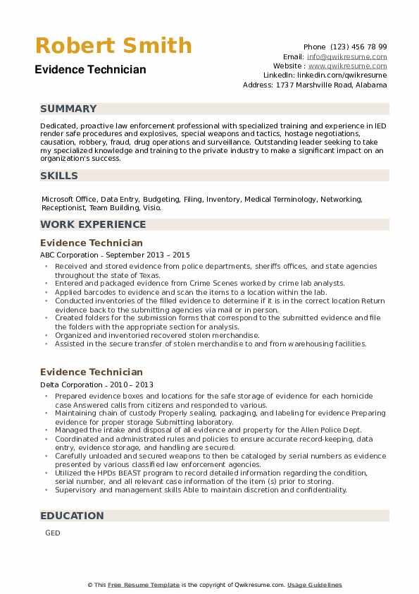 Evidence Technician Resume Samples Qwikresume