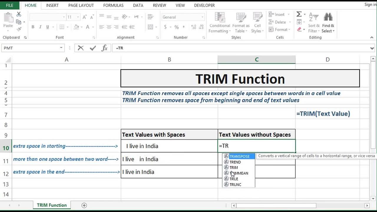 Excel Basic Function Trim Trim Function In Excel Youtube