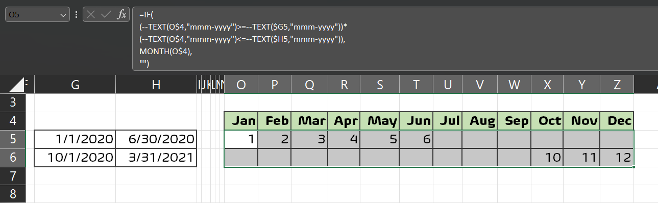 Excel Formula To Display Month Numbers Within A Certain Period Stack Overflow