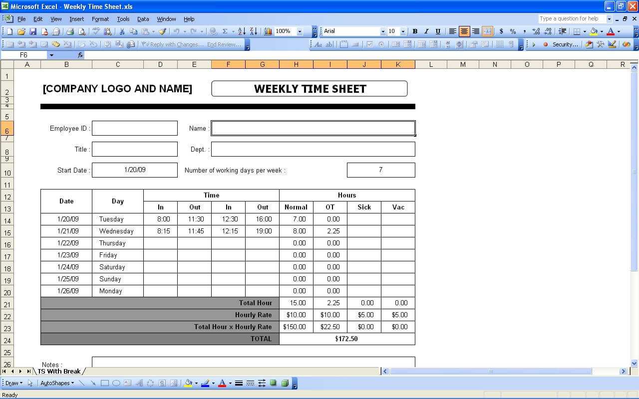 Excel Weekly Timesheet Template With Formulas