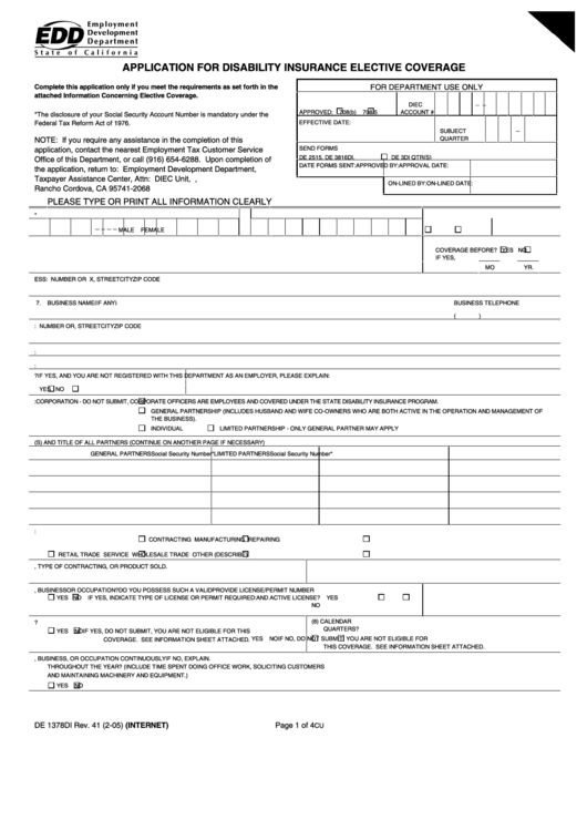 Fillable Form De 1378J Application For Elective Coverage Of