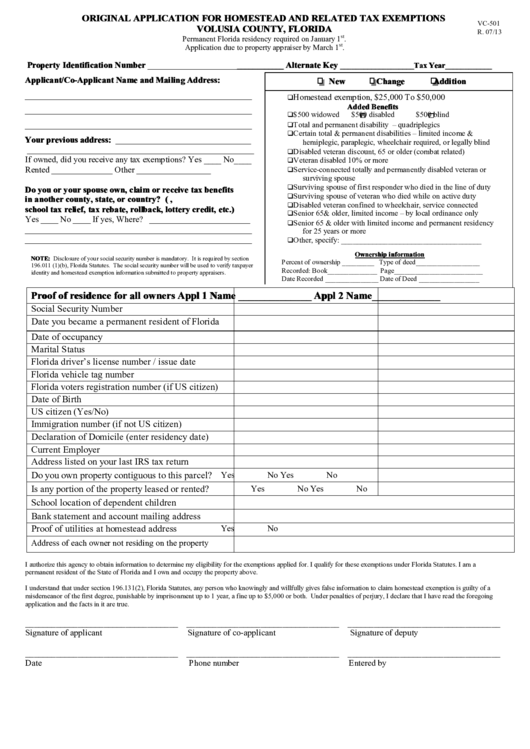 Fillable Online Original Application For Homestead And Related Tax