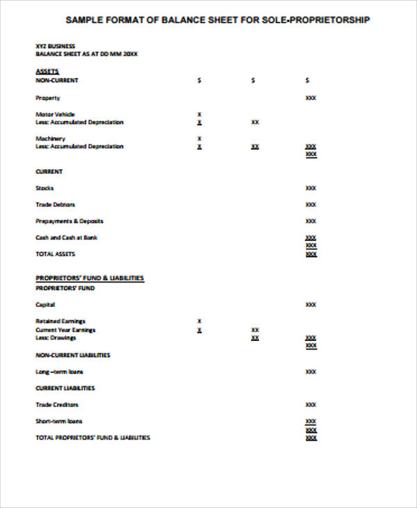 Format Of Balance Sheet For Sole Proprietorship In Excel Excel Templates