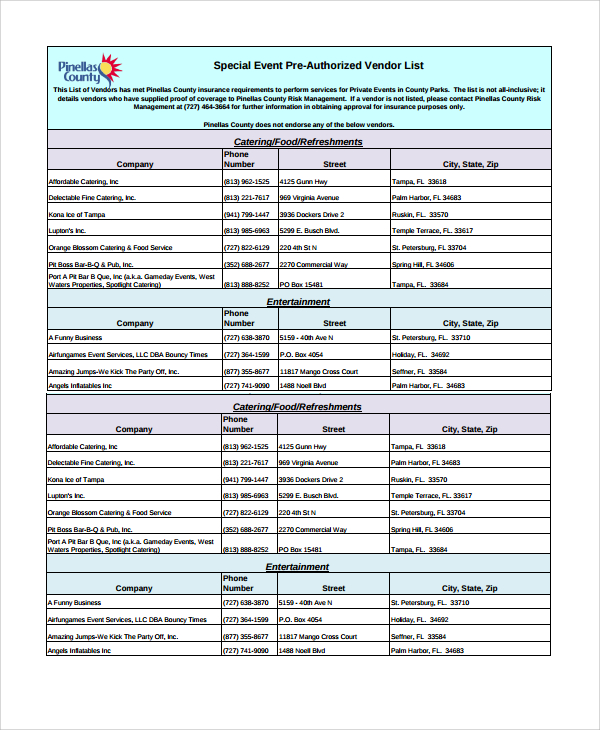 Free 10 Vendor List Templates In Ms Word Pdf