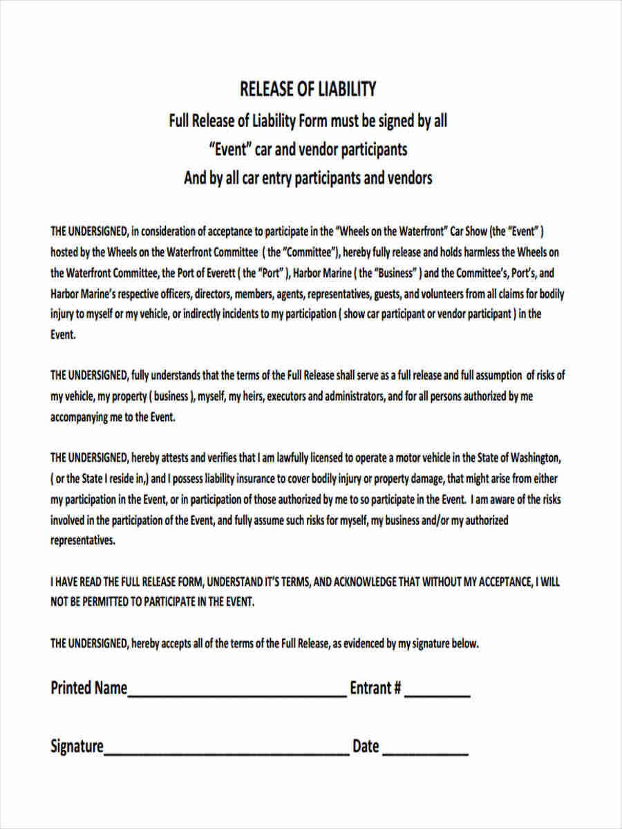 Free 5 Sample Dmv Release Of Liability Forms In Pdf Ms Word