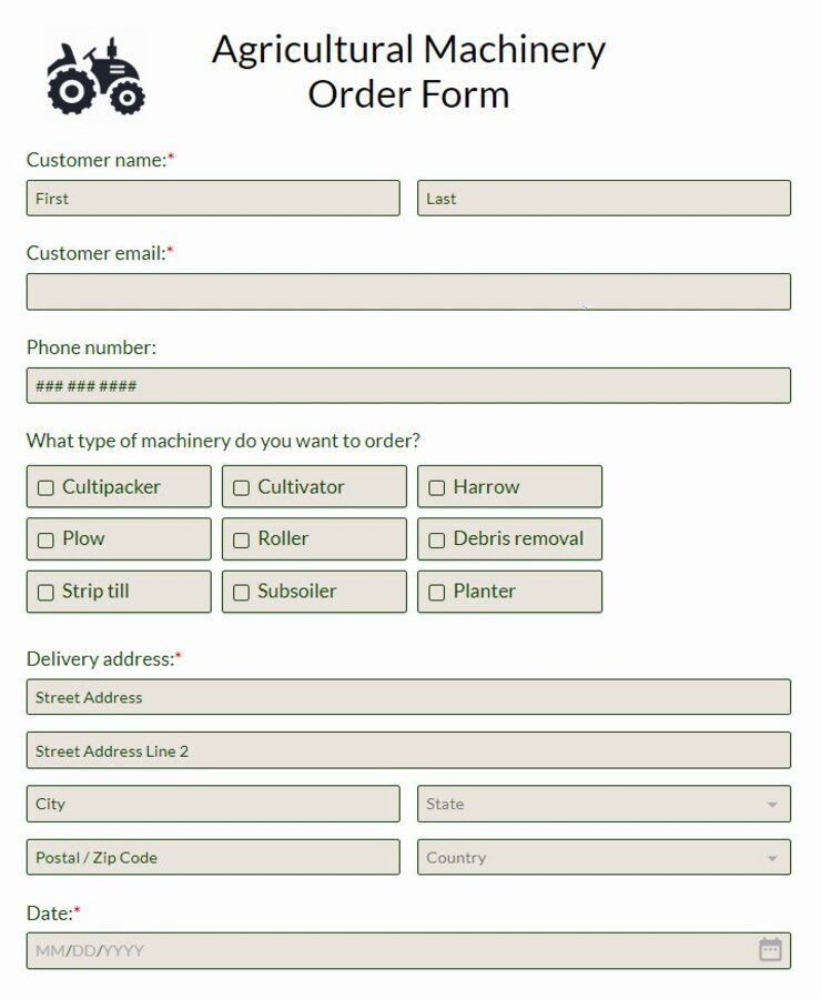 Free Agricultural Machinery Order Form Template 123Formbuilder