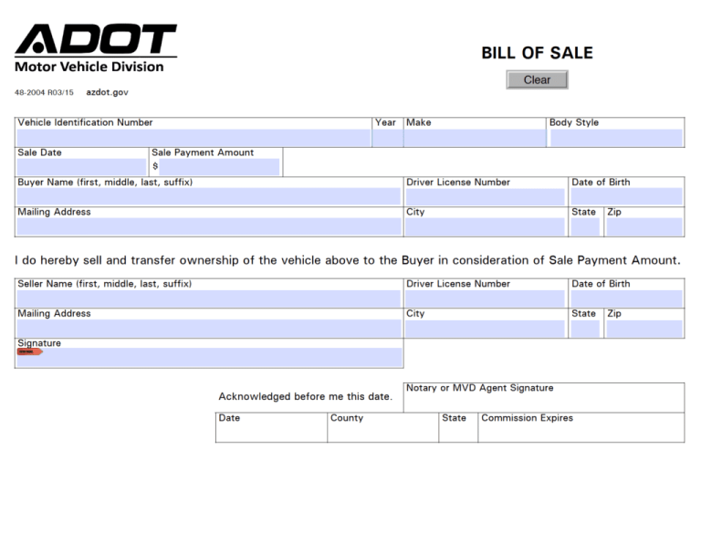 Free Arizona Motor Vehicle Dmv Bill Of Sale Form Pdf