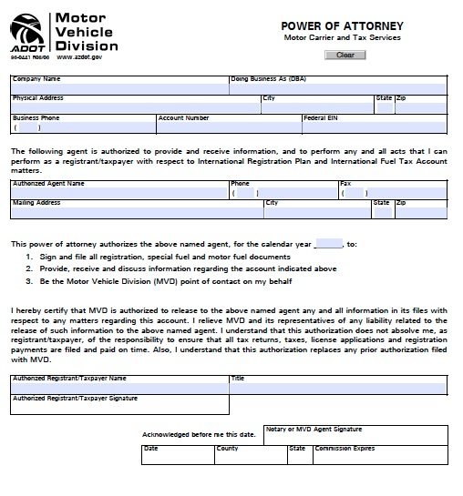 Free Arizona Motor Vehicle Power Of Attorney Form Pdf 18Kb 1 Page S