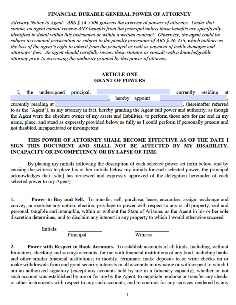 Free Arizona Non Durable Power Of Attorney Form Pdf Word