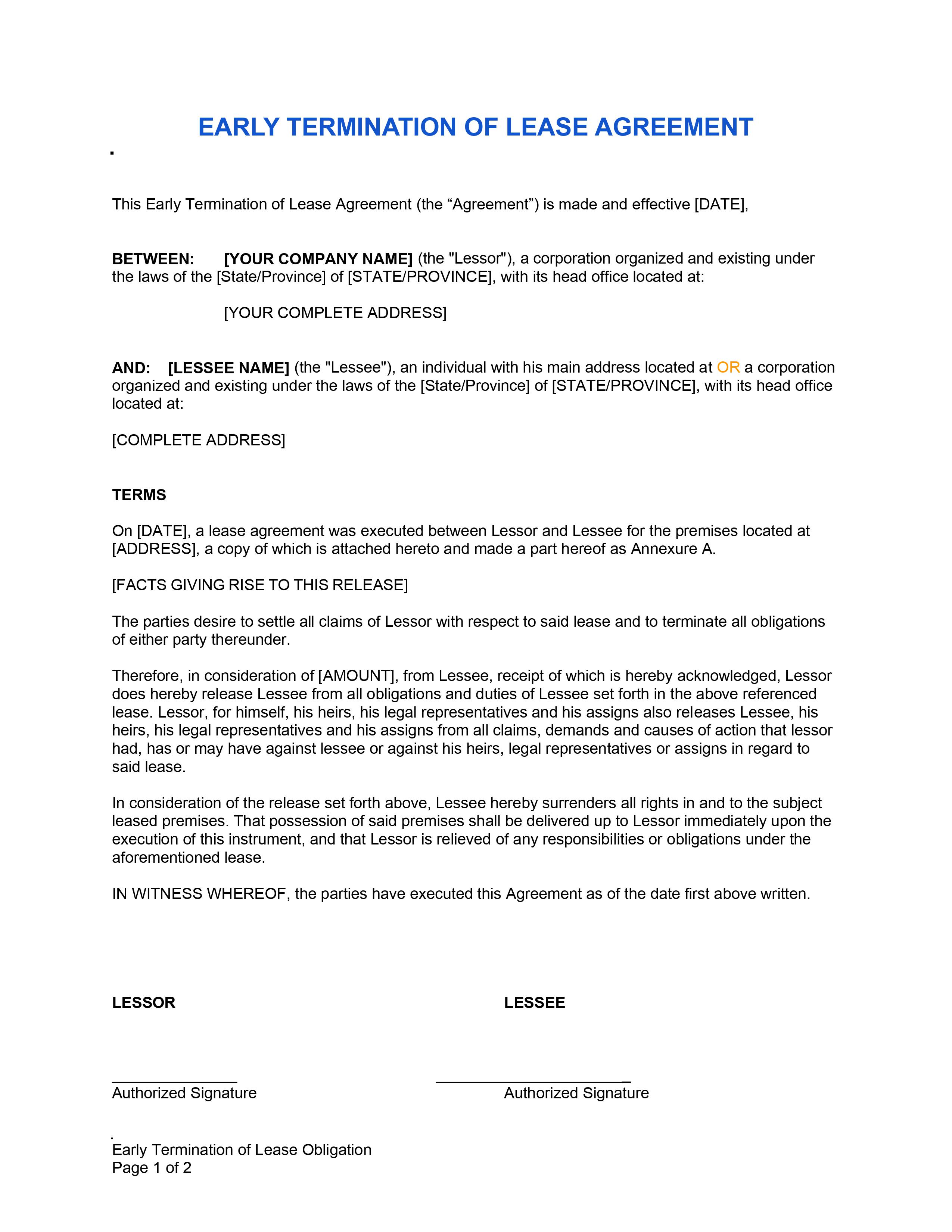 Free Early Lease Termination Letter Pdf Word