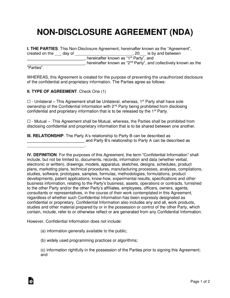 Free Florida Non Disclosure Agreement Nda Template Pdf Word Eforms