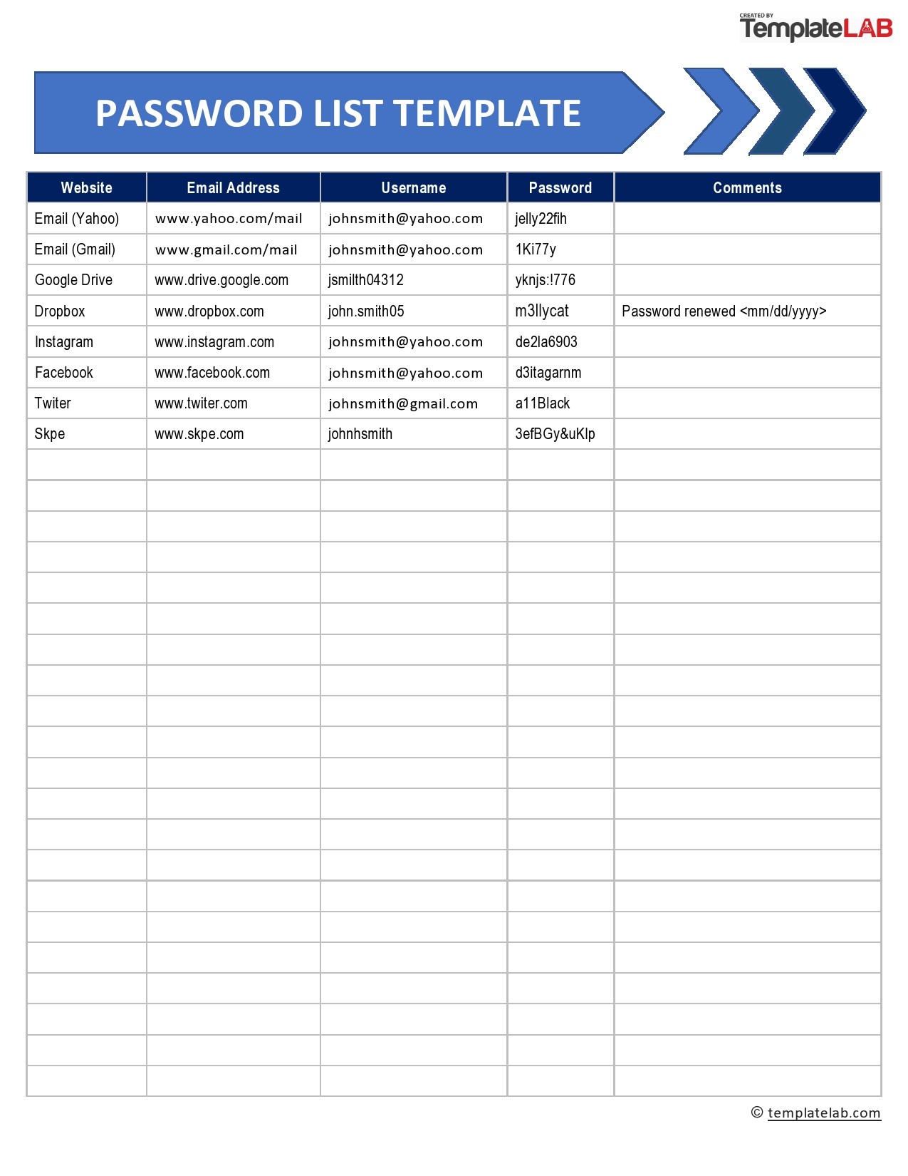 Free Password Log List As Excel Template