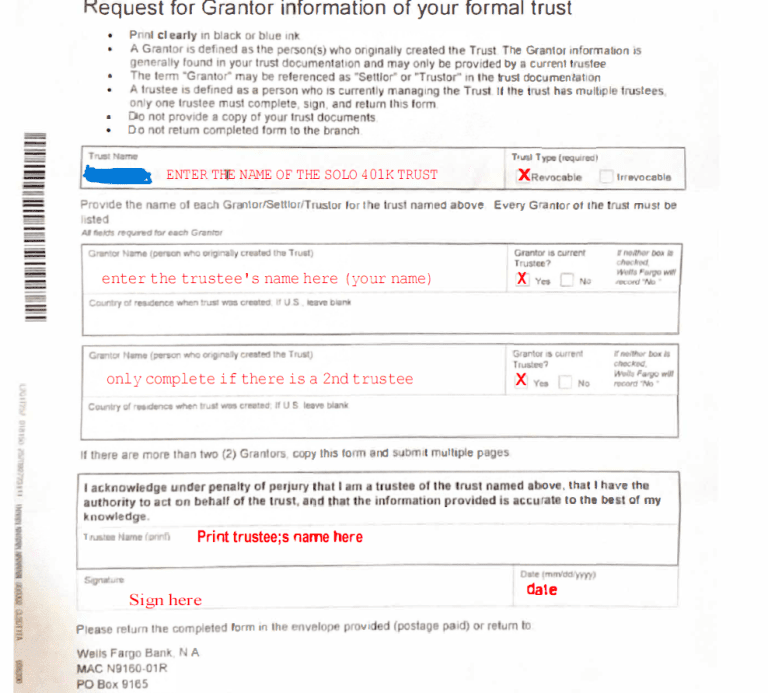 How To Complete Wells Fargo Solo 401K Trust Bank Account Request For