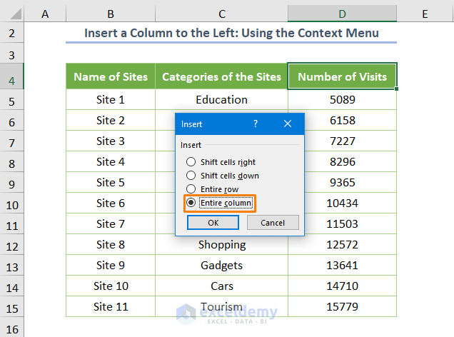 How To Insert A Column To The Left In Excel 6 Methods Exceldemy