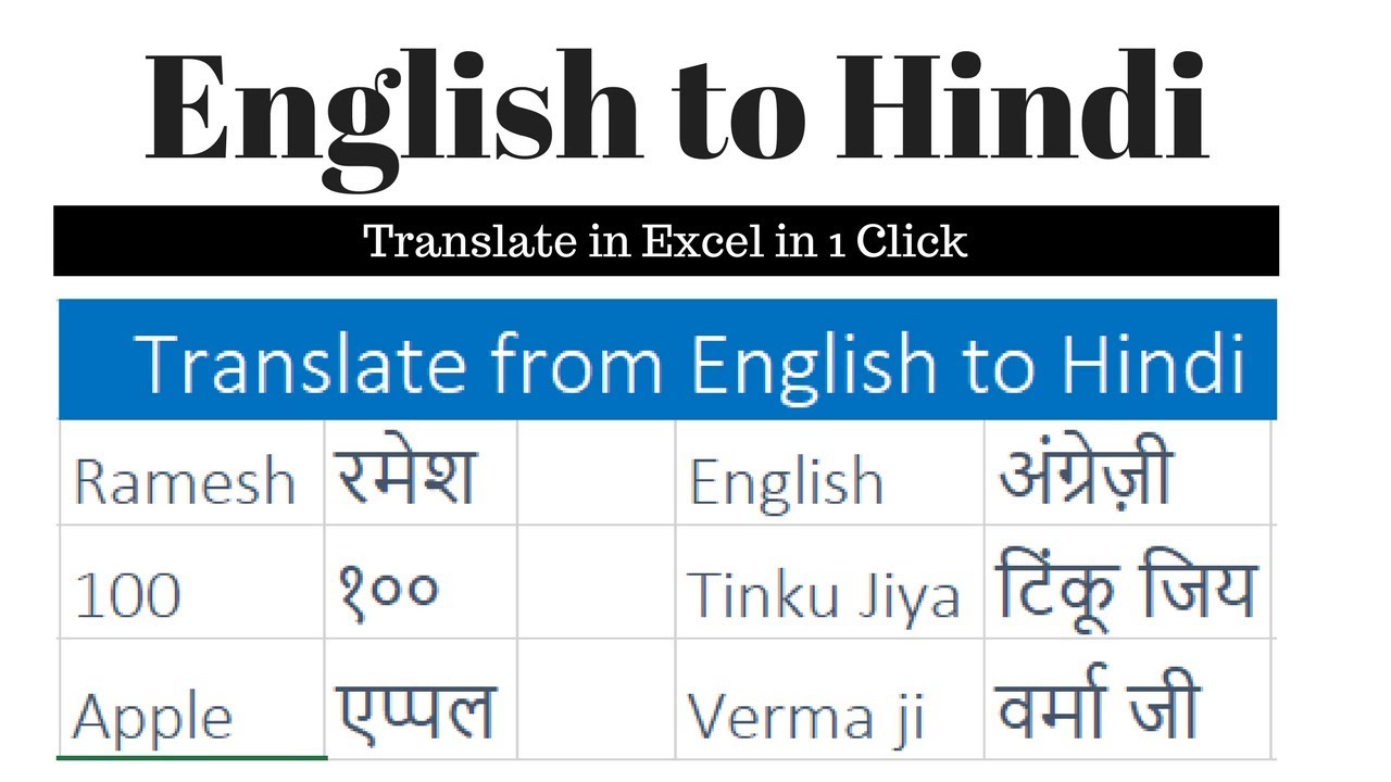 How Translate English To Hindi In Excel Youtube