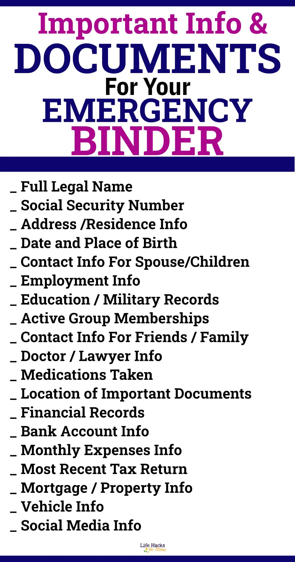 Important Documents Binder Checklist Printables And Paperwork