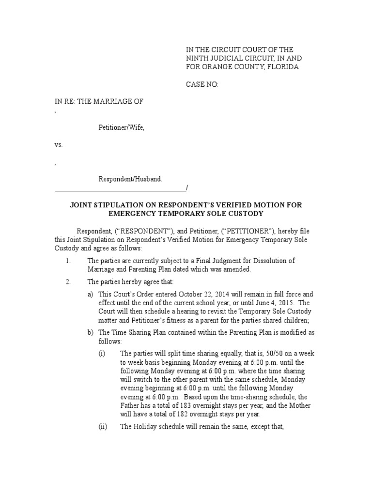 Joint Stipulation Respondent S Petition For Temporary Sole Custody