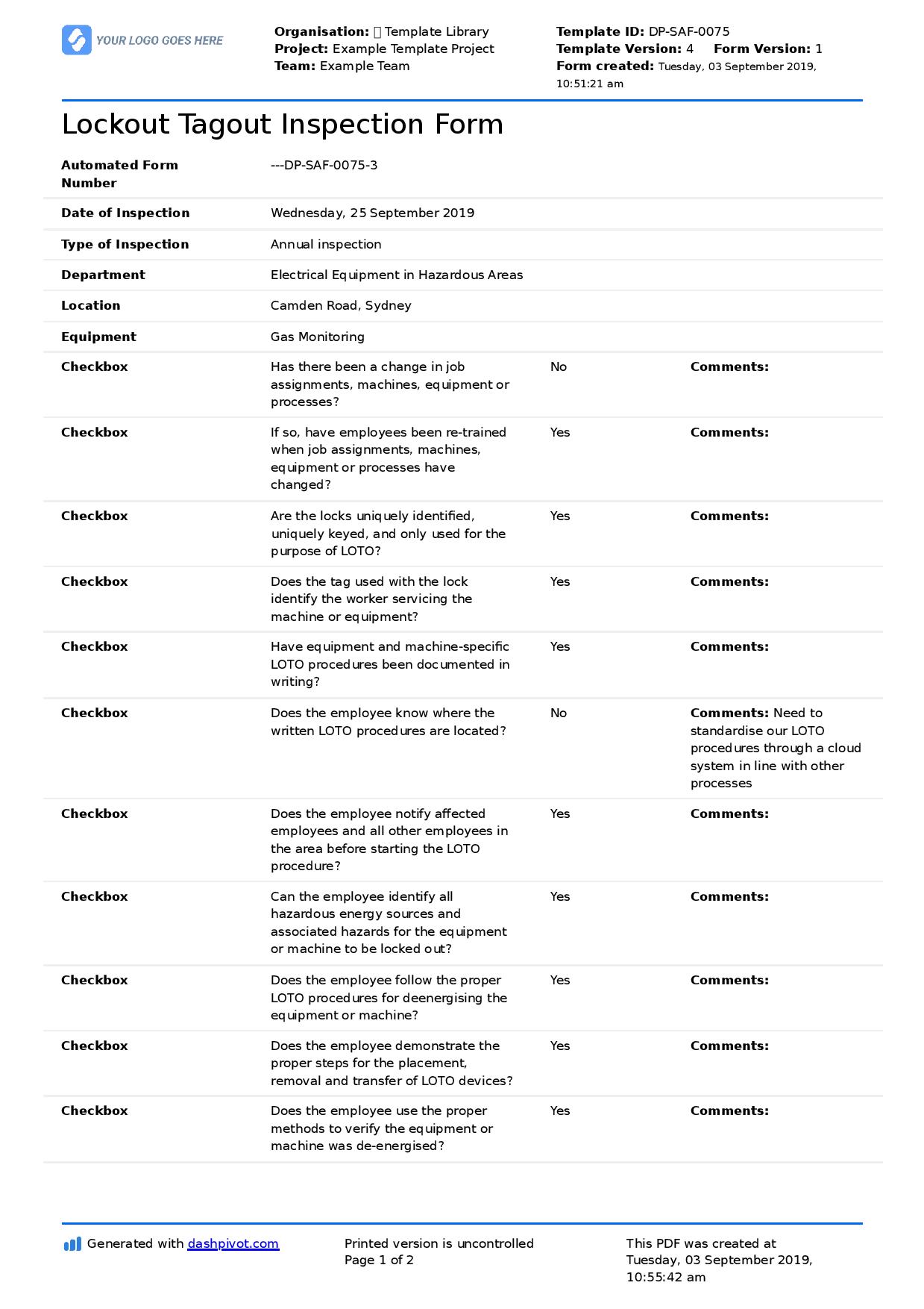 Lockout Tagout Record Sheets