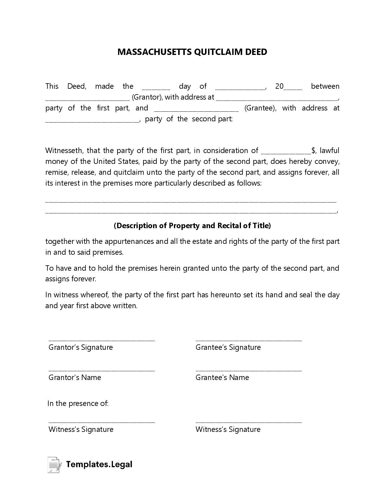 Massachusetts Deed Forms Templates Free Word Pdf Odt