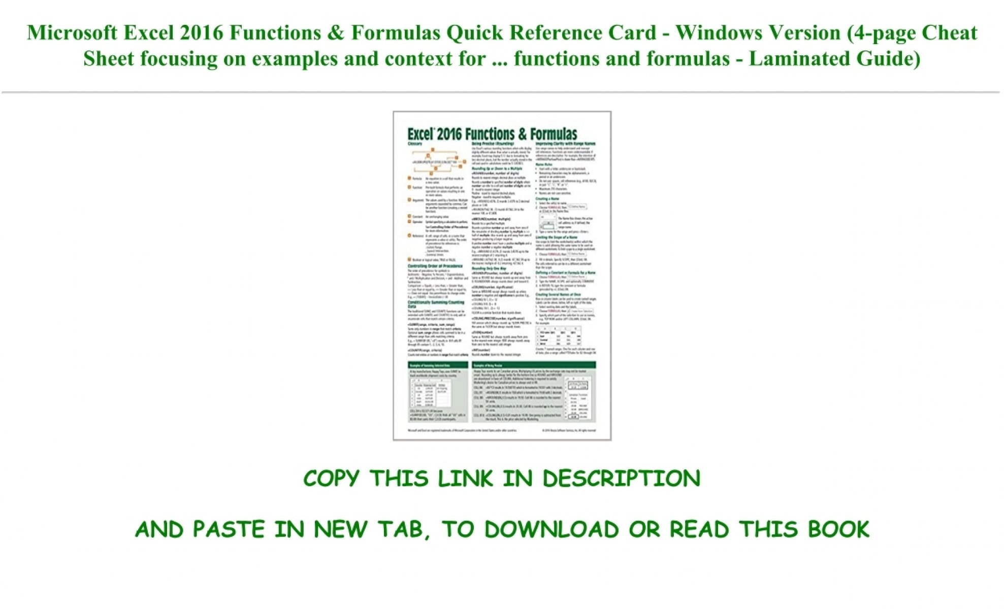 Microsoft Excel 2016 Functions Formulas Quick Reference Card Windows