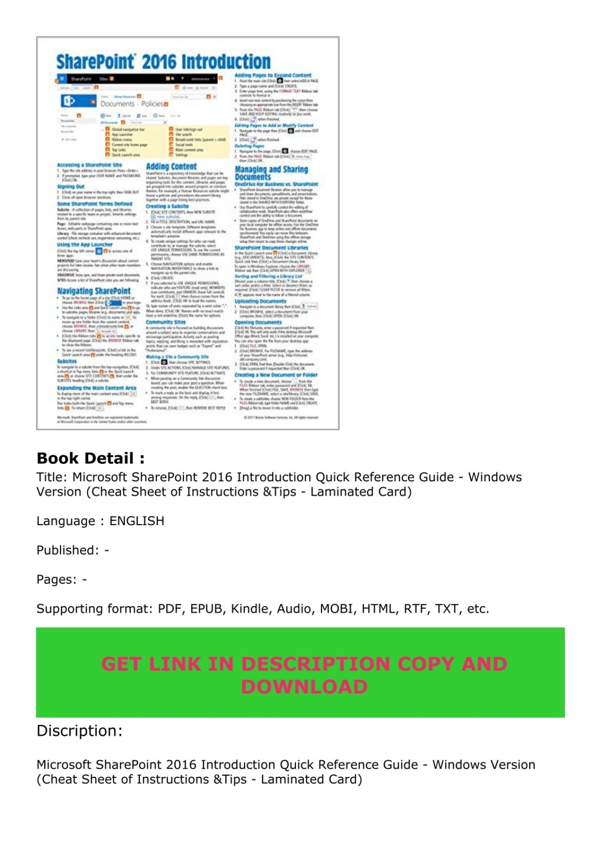 Microsoft Excel 2016 Introduction Quick Reference Training Guide Cheat