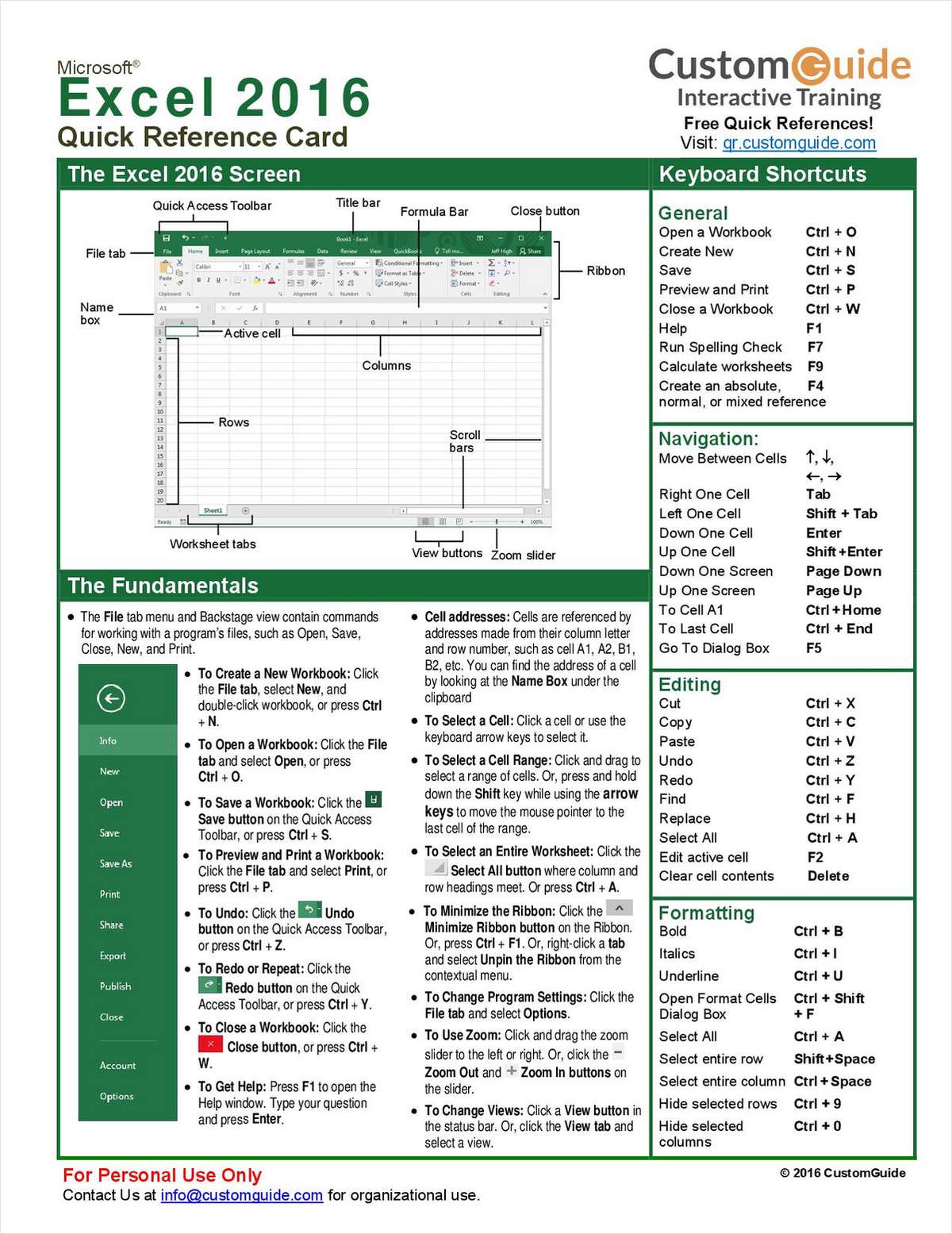 Microsoft Excel 2016 Quick Reference Guide Microsoft Excel Tutorial Microsoft Excel Excel