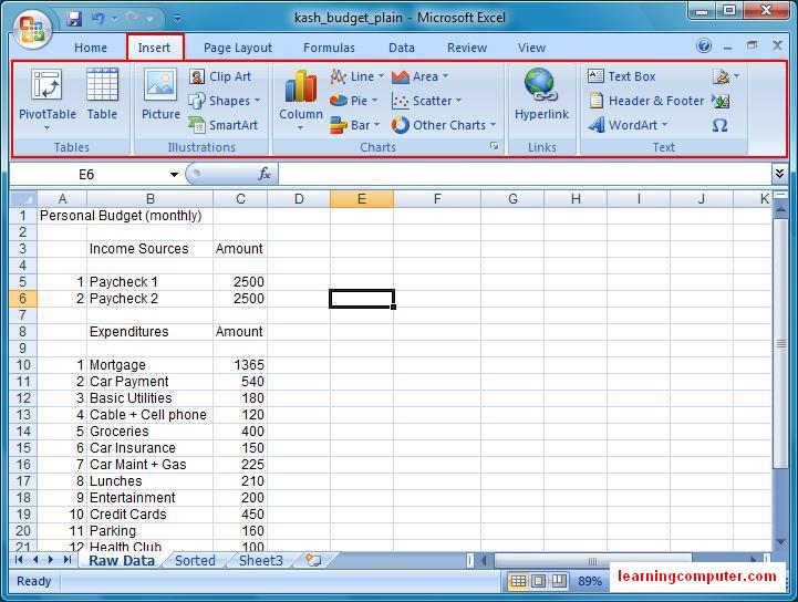 Microsoft Excel Insert Tab