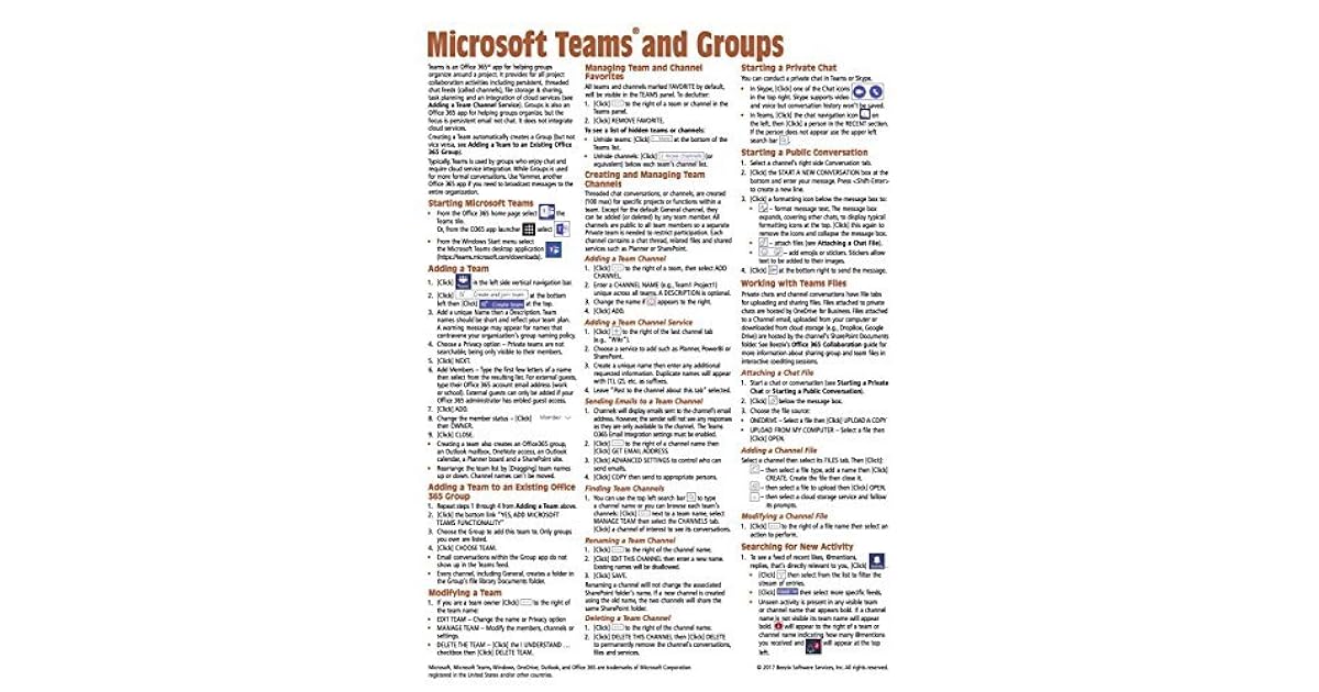 Microsoft Teams And Groups For Office 365 Quick Reference Guide Cheat