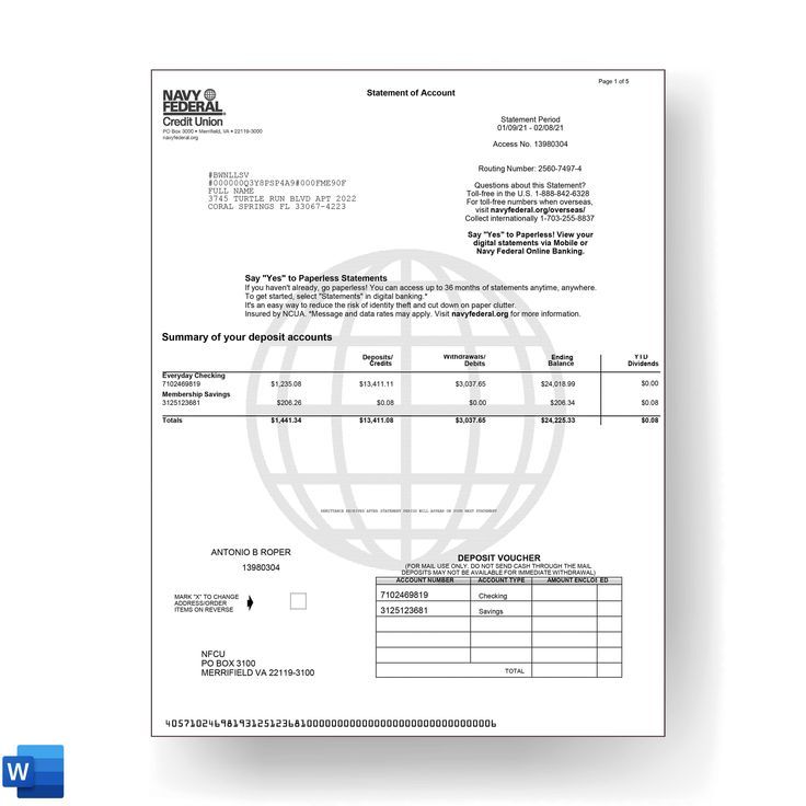 Navy Federal Credit Union Bank Statement Template