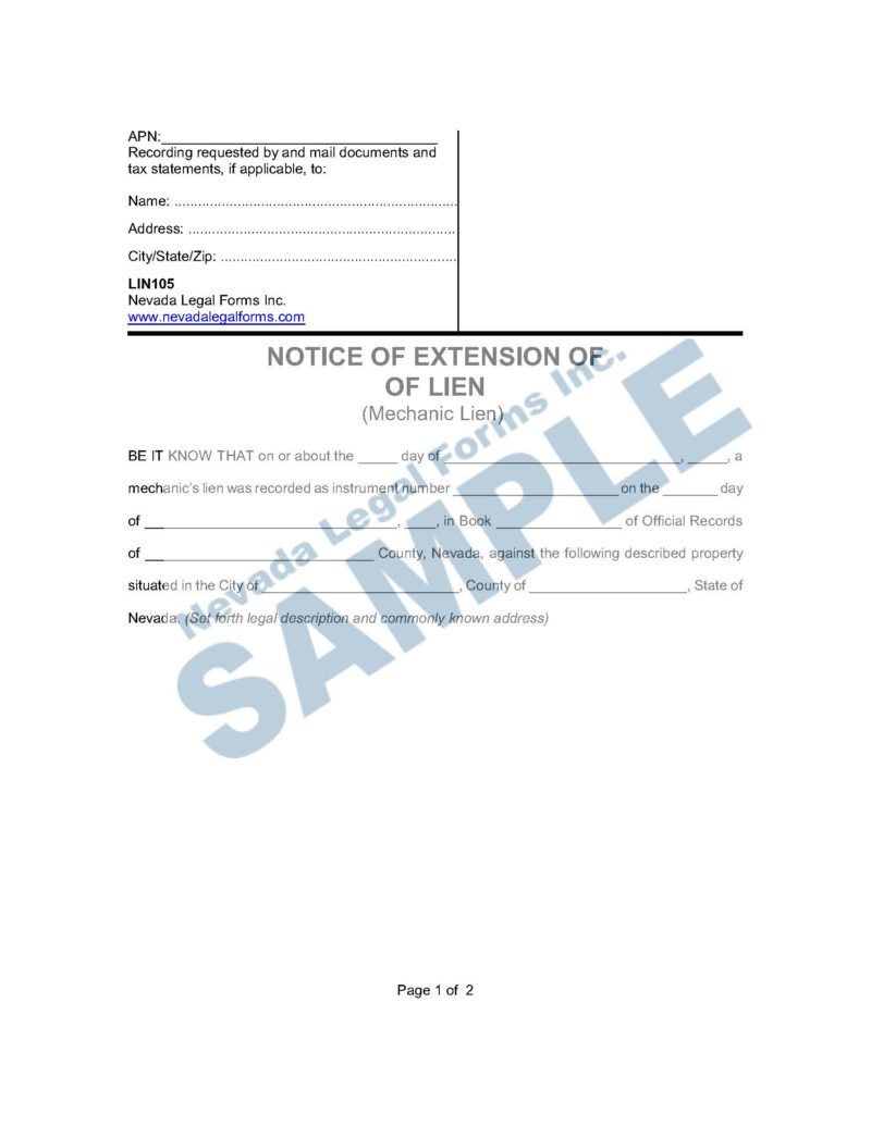 Notice Of Lien Mechanic Lien Nevada Legal Forms Services