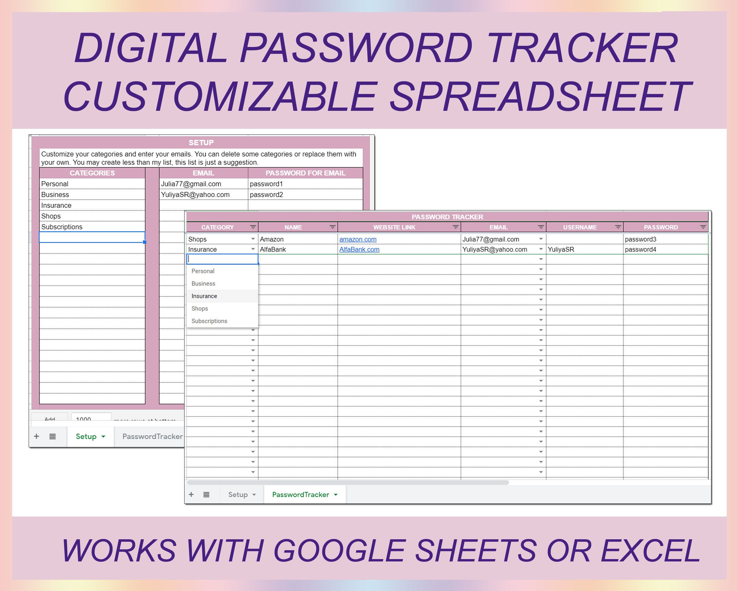 Password Tracker Excel Spreadsheet Organize Your Accounts And Passwords