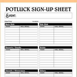 Potluck Sign Up Sheet Printable Template Potluck Dinner Party Etsy