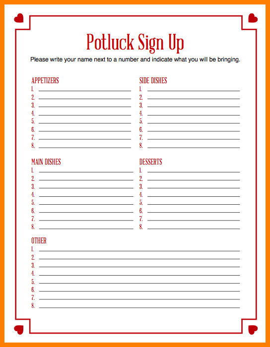 Potluck Sign Up Sheet Printable