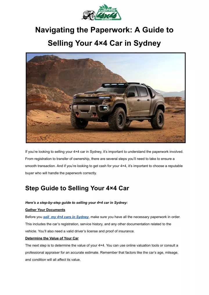 Ppt Navigating The Paperwork A Guide To Selling Your 4 4 Car In Sydney Powerpoint